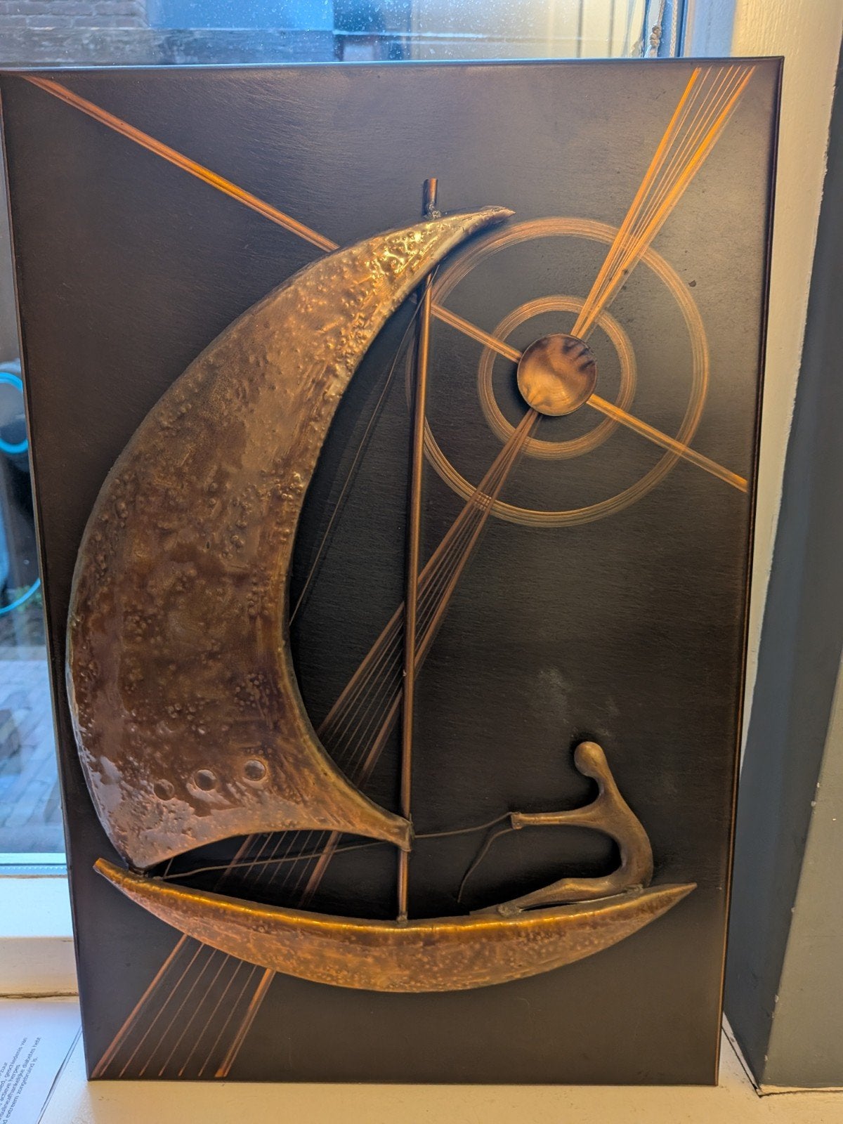 Vintage Koperen Wandreliëf Zeilboot (Jaren 50/60)Met Labels, Antiek en Kunst, Ophalen