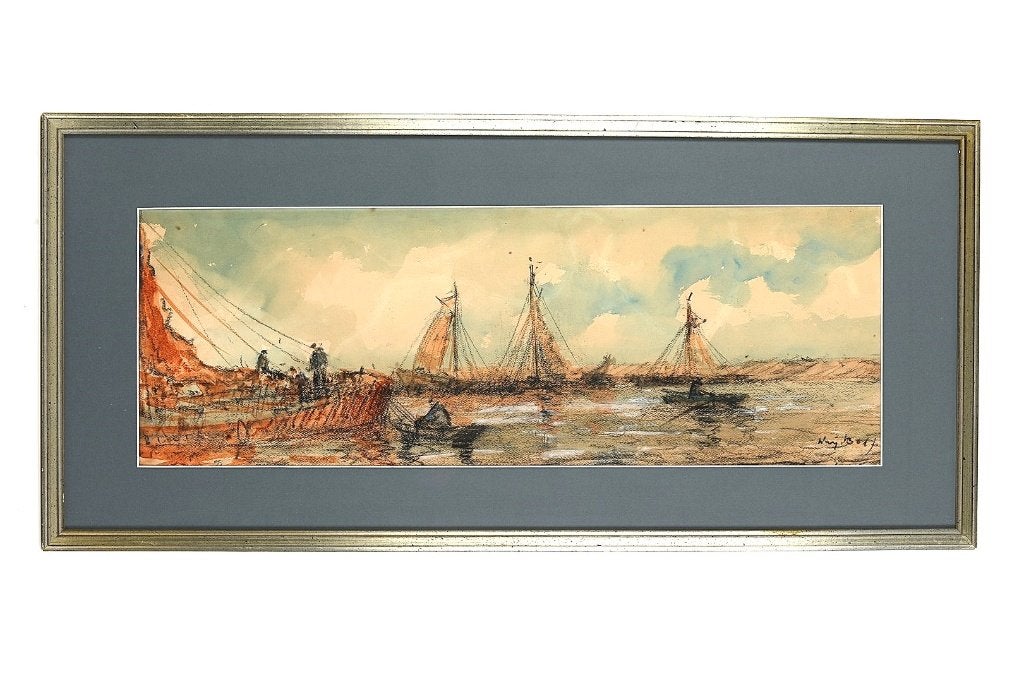 Gemengde tech."Vissersboten op Zee"  van Wim Bos (1906-1974), Antiek en Kunst, Kunst | Schilderijen | Klassiek, Ophalen, Maritiem / water