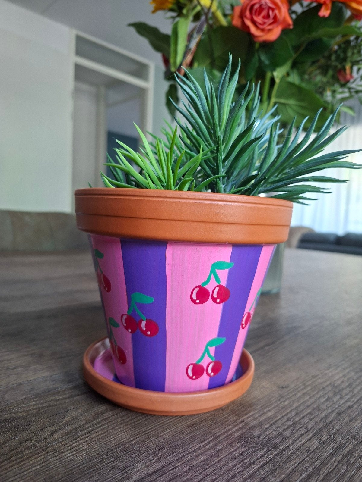 Exclusieve handgeschilderde bloempot met kersen, Rond, Nieuw, Binnen, Ophalen of Verzenden