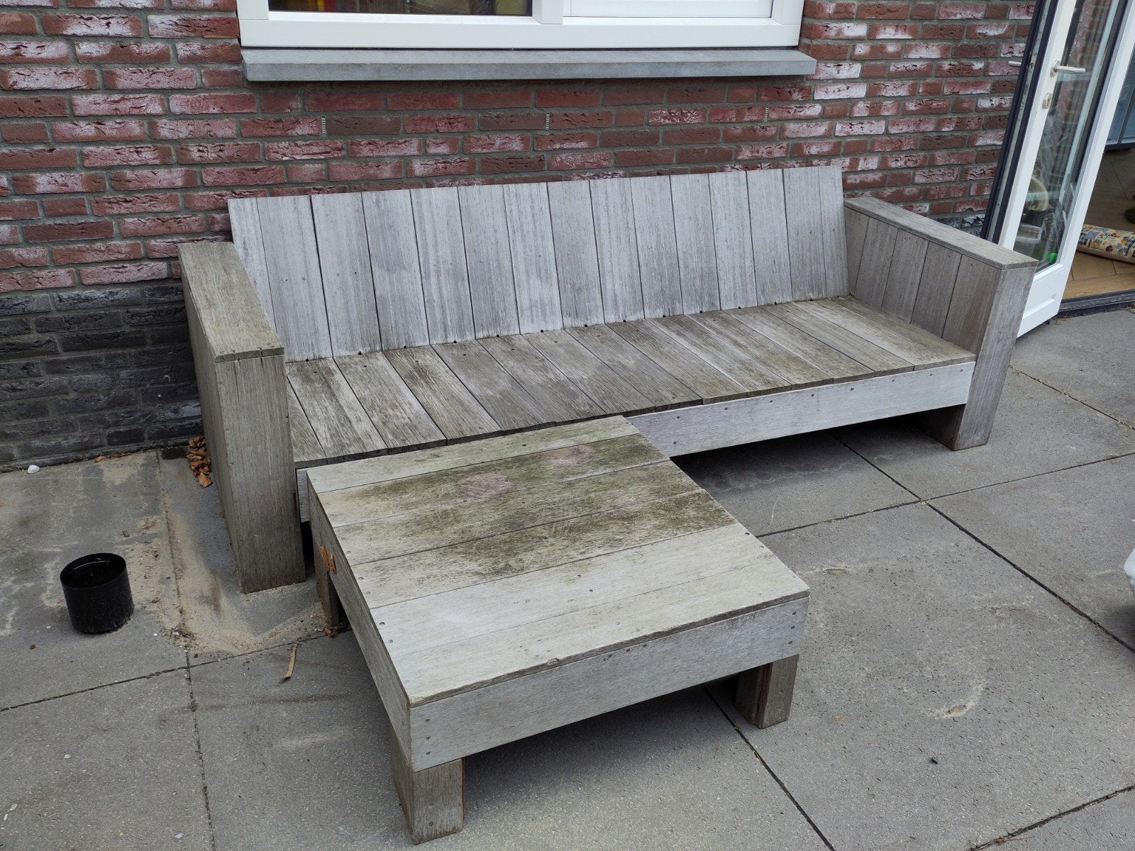 Tuinbank van tropisch hardhout met hocker/bijzettafel, Tuin en Terras, Tuinbanken, Ophalen, Gebruikt, Hout