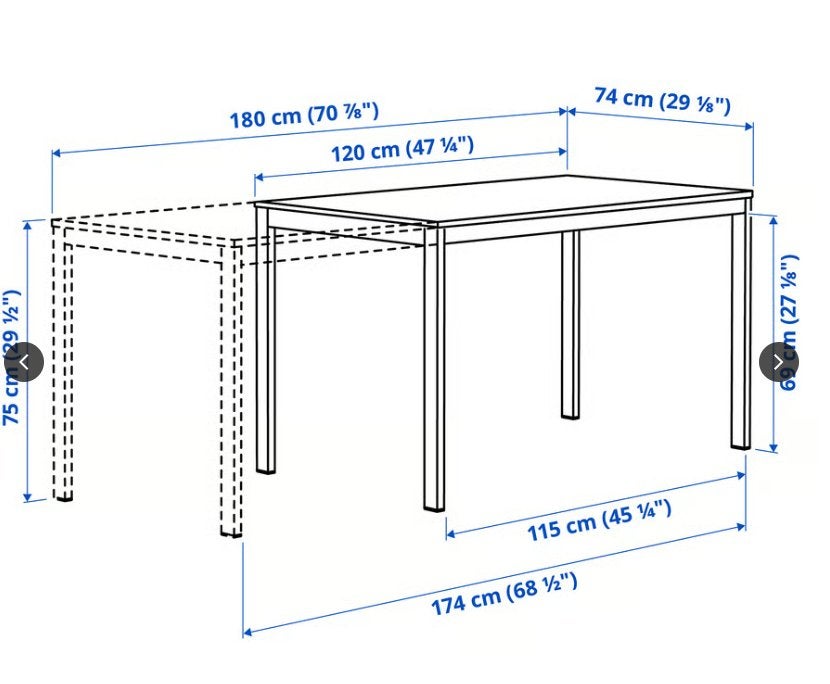 IKEA VIHALS Uitschuifbare tafel, wit, 120/180x74 cm nieuw, 100 tot 150 cm, Zo goed als nieuw, Metaal, Vier personen