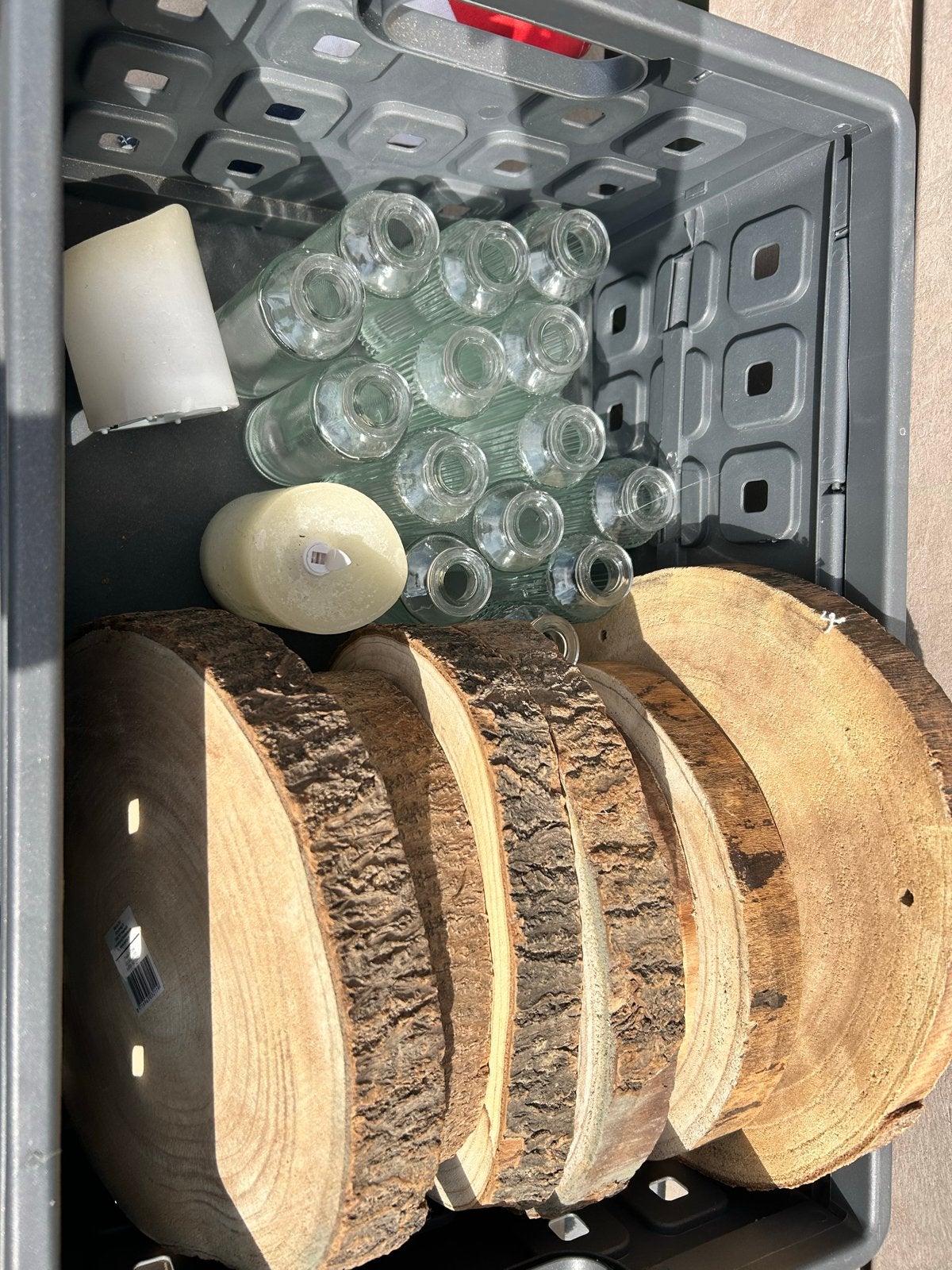 Bruiloftsdecoratie: Houten Borden & Vaasjes (7+14 stuks), Huis en Inrichting, Woonaccessoires | Vazen, Ophalen, Gebruikt, Bruin