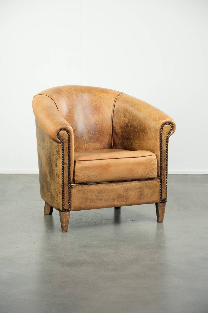 Vintage schapenleren clubfauteuil in een lichte cognac kleur, Huis en Inrichting, Ophalen, Gebruikt, Vintage, /