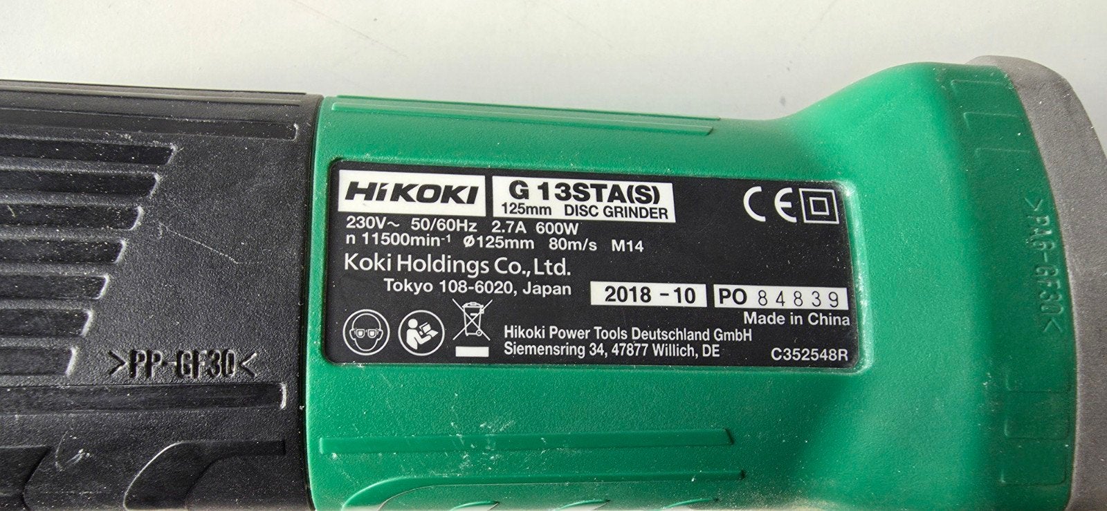 Hikoki G 13STA(S) 125mm Haakse Slijpmachine, Ophalen of Verzenden, Gebruikt, Minder dan 700 watt, Haakse handslijpmachine