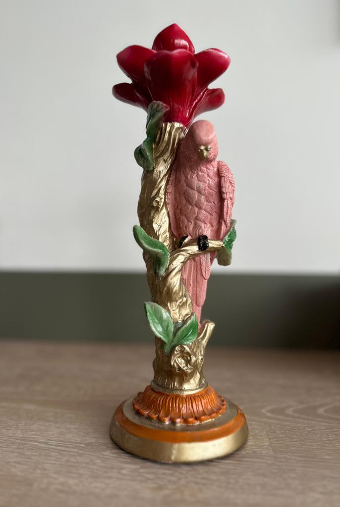 Kitsch kandelaar met vogel parkiet papegaai roze goud, Ophalen of Verzenden, Zo goed als nieuw, Overige materialen, 25 tot 50 cm