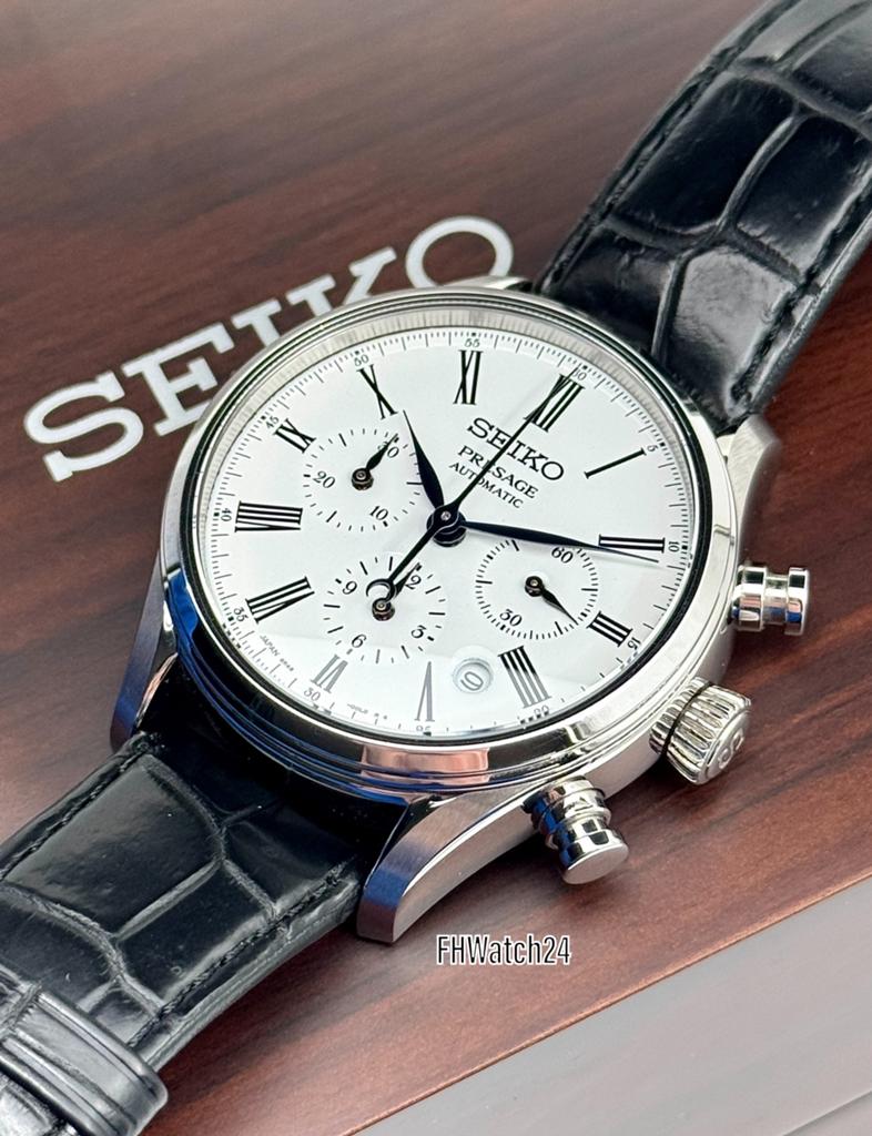 Seiko Presage Chronograph SRQ023J1 White Enamel. B&P 2024 ., Seiko, Staal, Polshorloge, Ophalen of Verzenden
