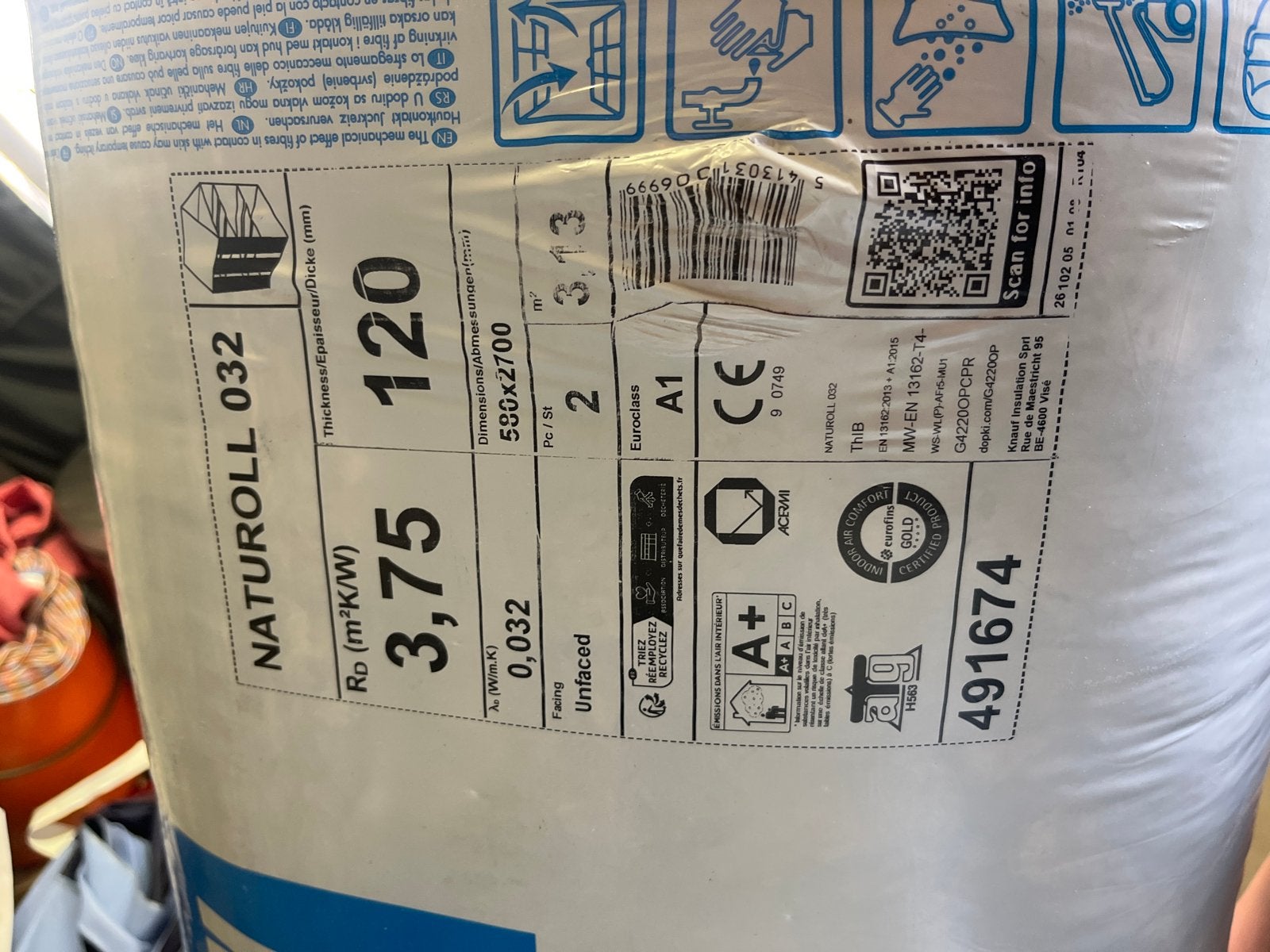 Knauf Naturoll 032 Glaswol isolatie 120mm dik, Ophalen, 12 cm of meer, Nieuw, 5 tot 10 m²