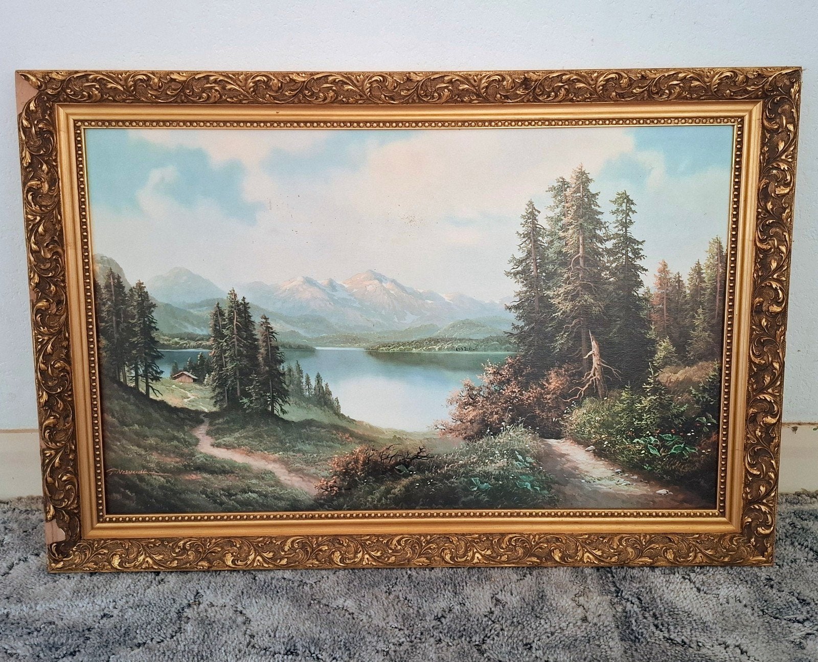 Schilderij van berglandschap met meer en huisje, Ophalen, Ingelijst, Olieverf, Doek
