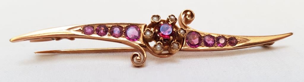 Barette 18 kt goud robijn., Ophalen of Verzenden, Goud, Broche, Met edelsteen