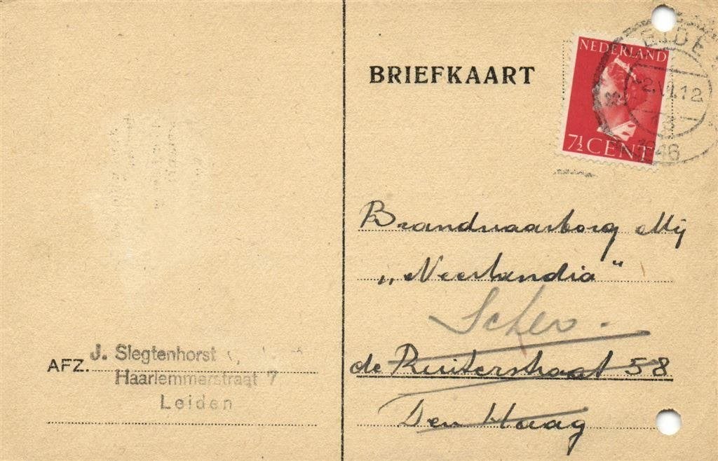 J. Slegtenhorst, Leiden - 06.1946 - briefkaart, Ophalen of Verzenden, Briefkaart