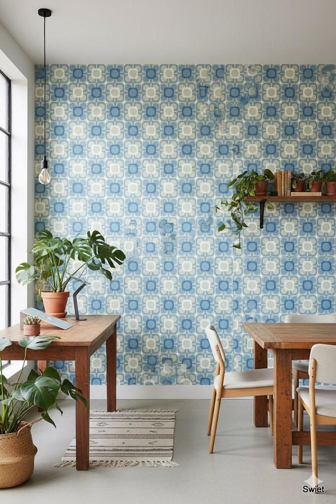 14139 blauw retro blokken vintage 70s geometrisch swiet, Verzenden, Beige