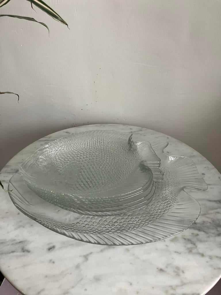 Arcoroc set van 1 schaal en 6 borden Vis relief, Ophalen of Verzenden