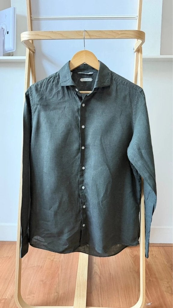 Suitsupply Pure Linen Leggiuno Dark Green Shirt Maat 39/40, Verzenden, Halswijdte 39/40 (M), Zo goed als nieuw, Groen