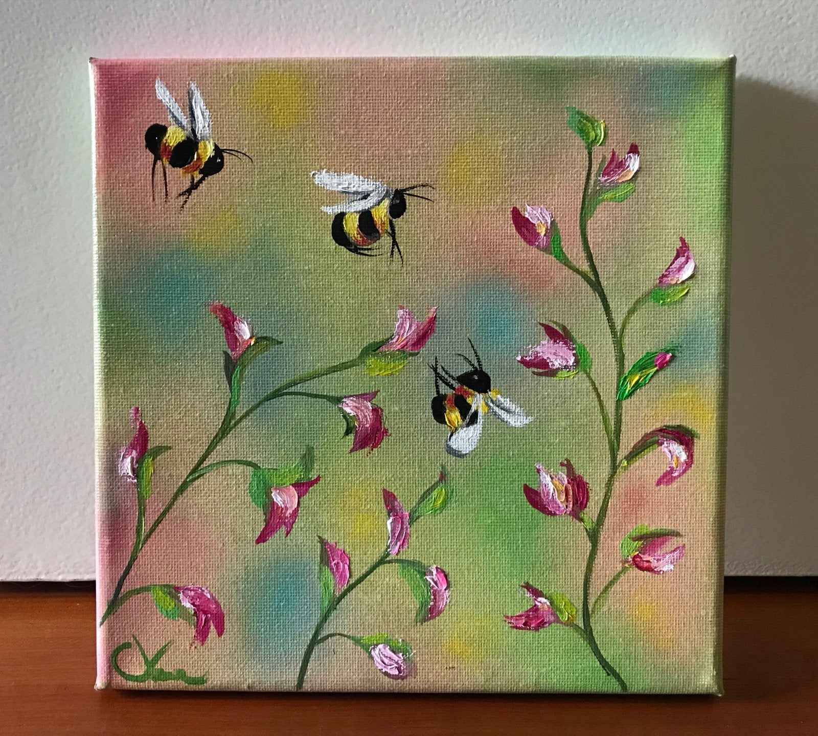 Schilderijtje 'Bezige bijtjes' - Gesigneerd, 20x20 cm, Antiek en Kunst, Ophalen of Verzenden, Dieren, Textiel, Gesigneerd