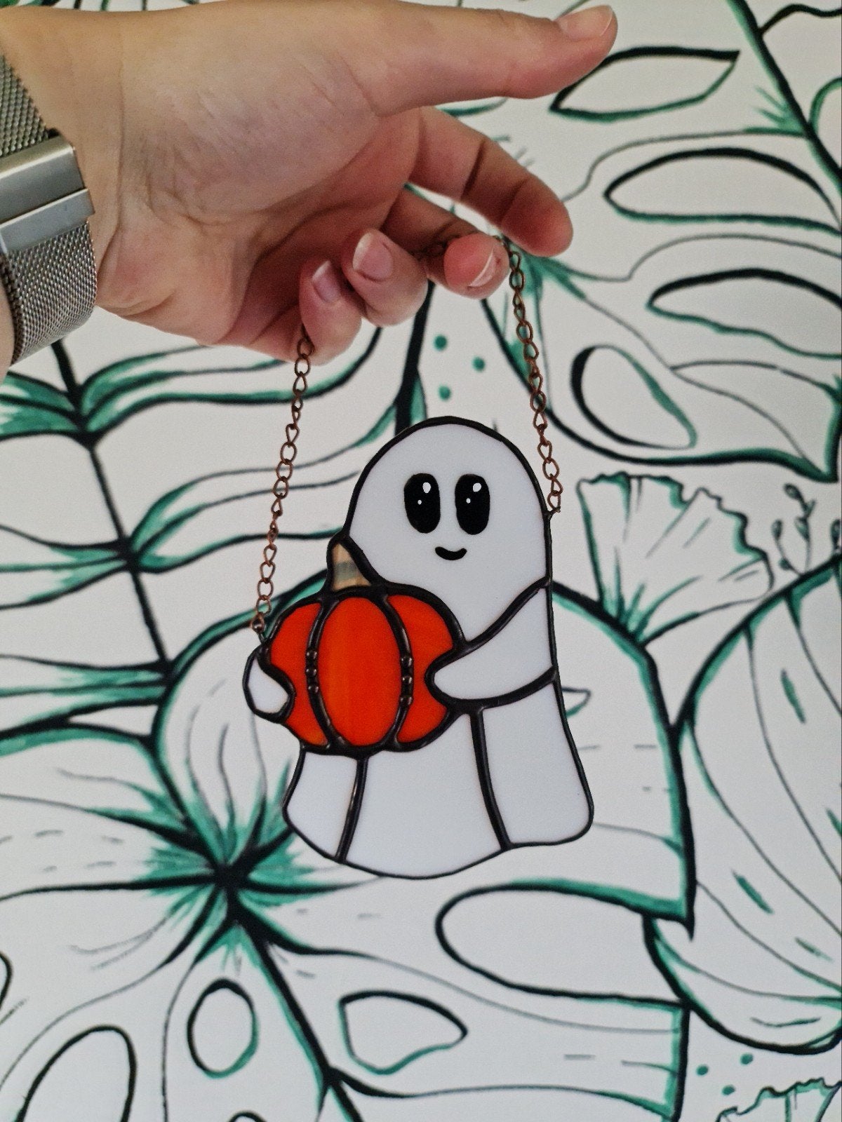 Spookje en pompoen, tiffany, glas in lood, Ophalen of Verzenden