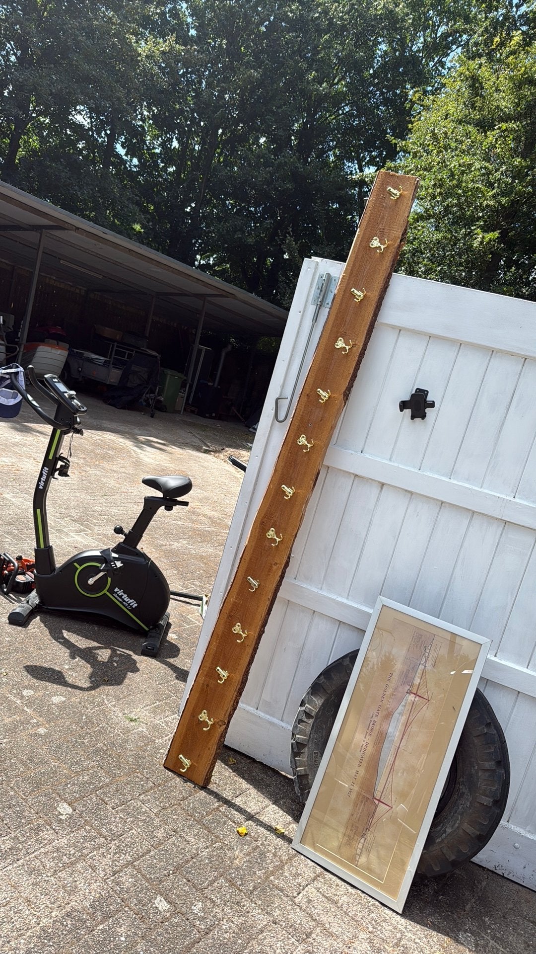 Massief houten wandkapstok | 12 messing haken | 244 cm, Ophalen, Zo goed als nieuw, Minder dan 180 cm