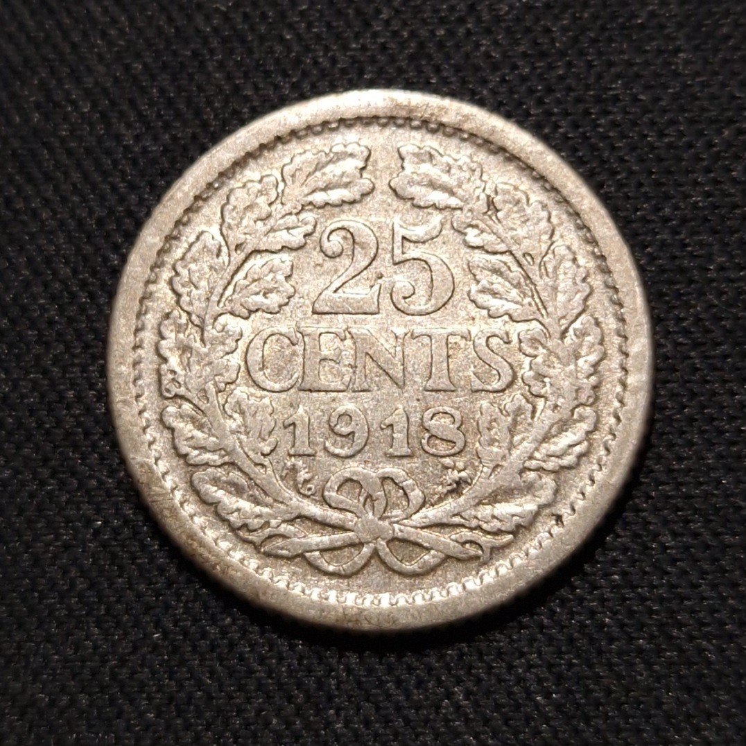 25 cent 1918, Postzegels en Munten, Munten | Nederland, Verzenden, Zilver, 25 cent, Koningin Wilhelmina