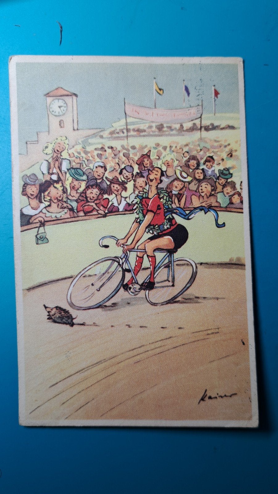 Wielrenner humor. Illustrator kaiser 1952, Ophalen of Verzenden, 1940 tot 1960, Gelopen