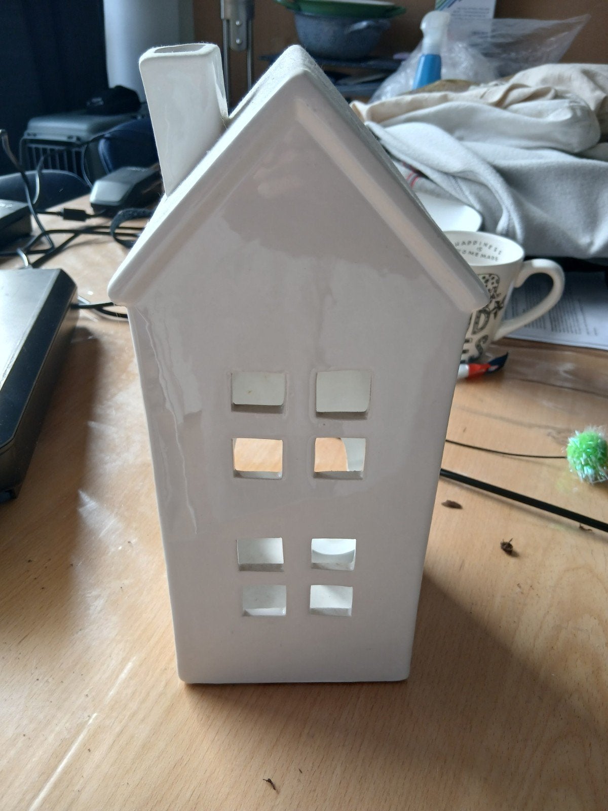 Wit keramisch huisje waxinelichthouder, Gebruikt, Ophalen of Verzenden, Modern, Wit