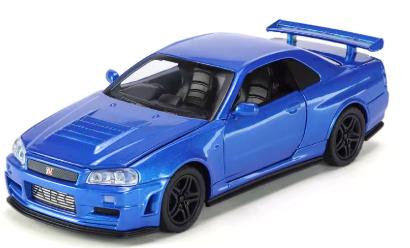 DieCast model van metaal Nissan GTR R34 Skyline 1:32 - Blauw, Ophalen of Verzenden, Nieuw, Auto, Overige merken