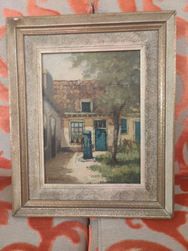 Oud olieverf schilderij op paneel – A. Martens –dorpsgezicht, Antiek en Kunst, Ophalen