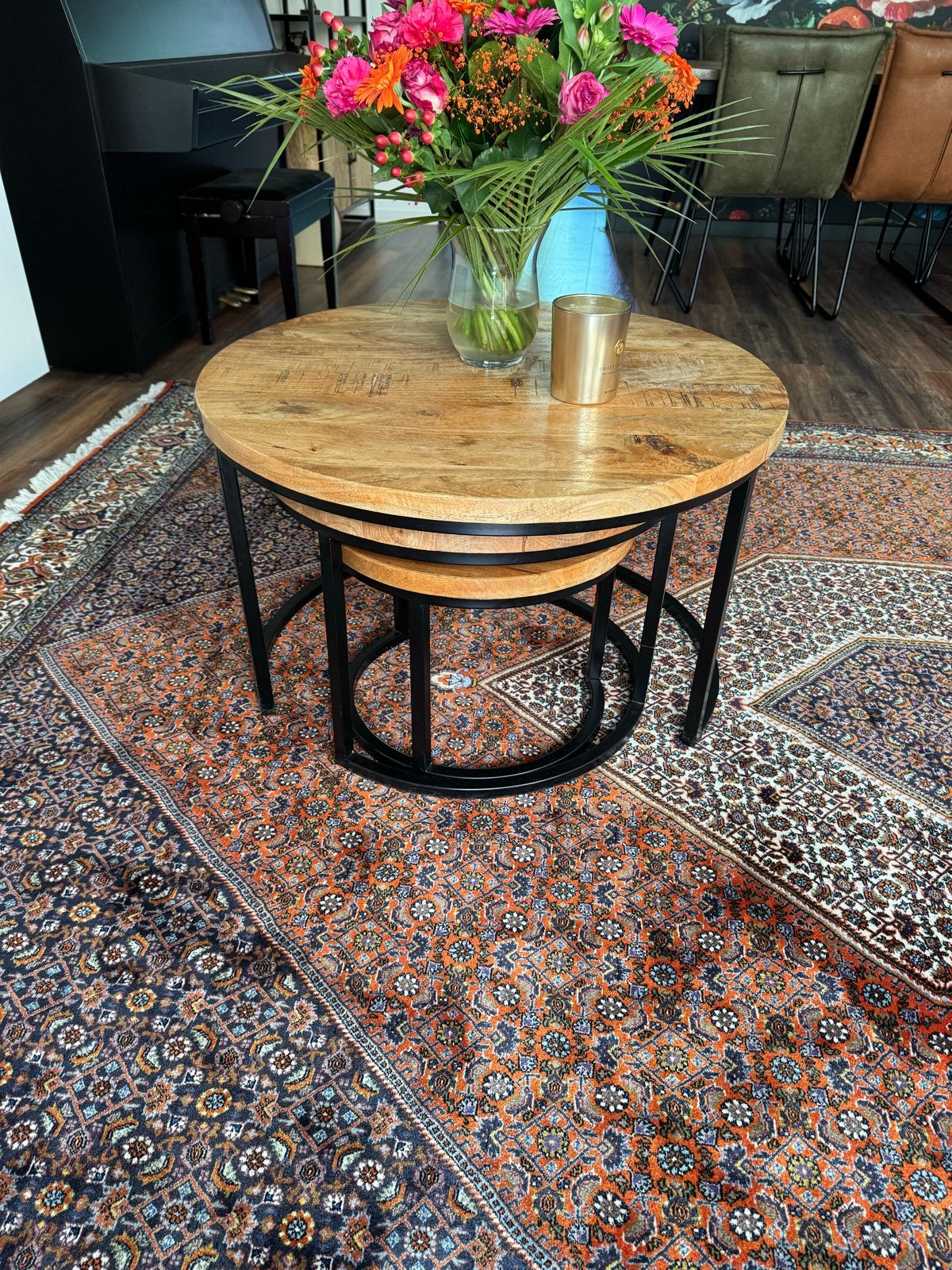 Set van 3 ronde salontafels van mangohout en metaal, Ophalen, 50 – 75, Rond, 50 tot 100 cm