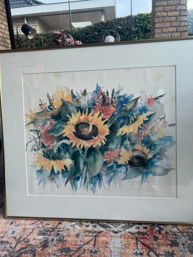 Prachtig aquarel schilderij van Alie Kruse Kolk - Zonnebloem, Ophalen of Verzenden