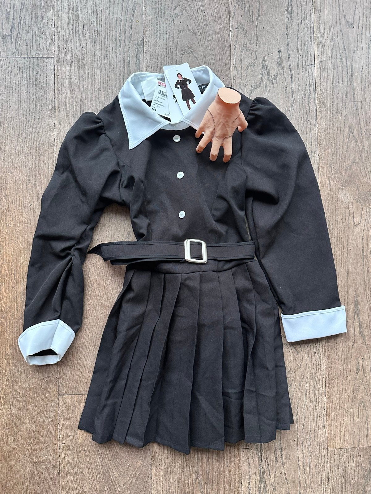 Wednesday Addams Kostuum Maat 164 met 'Thing' Hand, Kinderen en Baby's, Ophalen of Verzenden, Nieuw, 158 t/m 164, Meisje