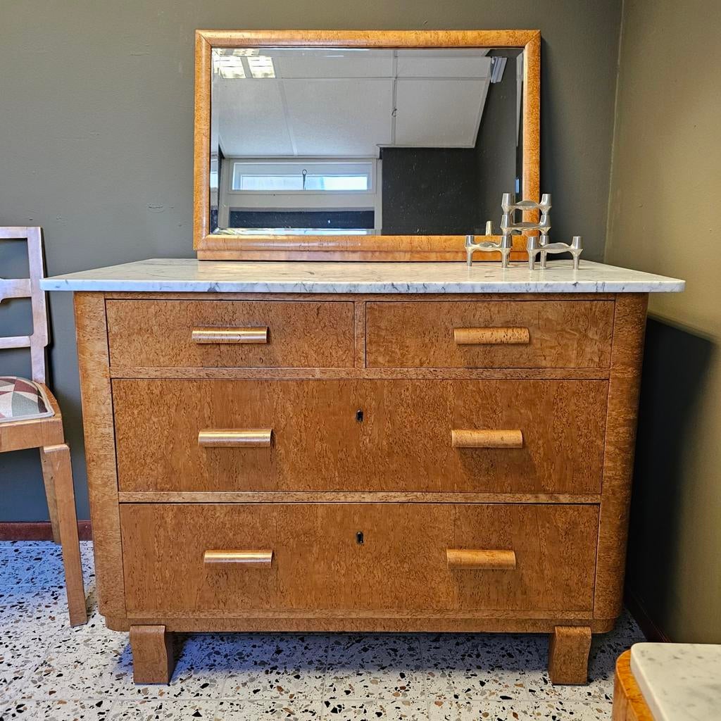 Art Deco jr 30 Wastafelmeubel + Spiegel, Ladenkast Commode, Huis en Inrichting, 100 tot 150 cm, Ophalen of Verzenden, 3 of 4 laden