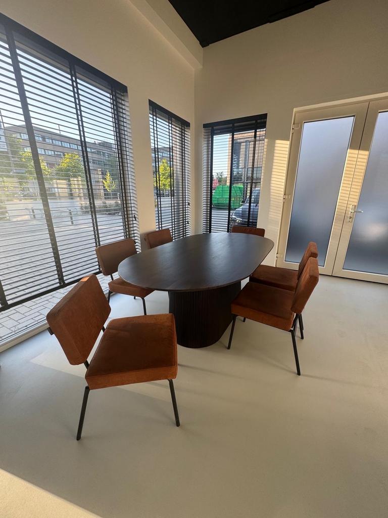 Moderne ovale eettafel met 6 stoelen - Zo goed als nieuw, Huis en Inrichting, Ophalen, 100 tot 150 cm, Zo goed als nieuw, Vijf personen of meer