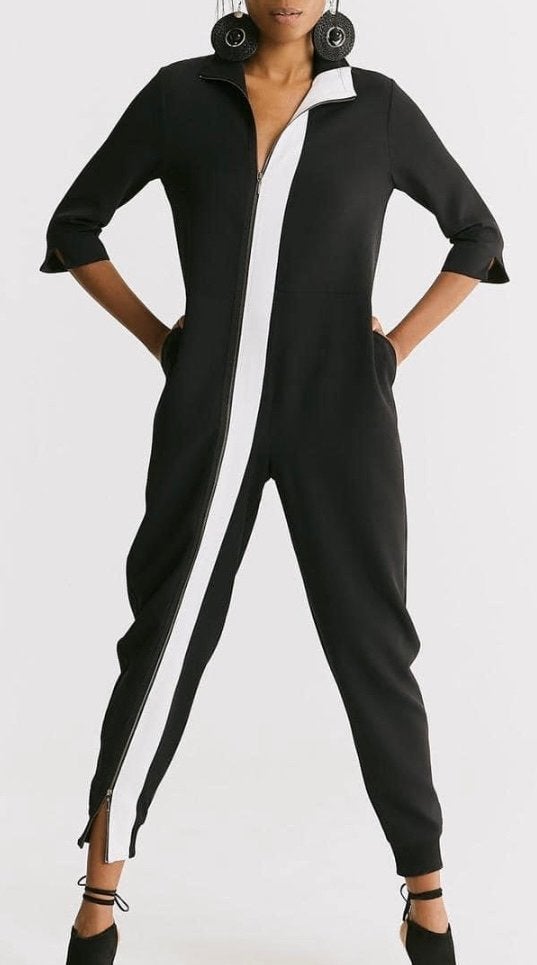 Lamante Jumpsuit Zwart met Witte Streep - Maat 38/40, Ophalen of Verzenden, Nieuw, Maat 38/40 (M), Zwart