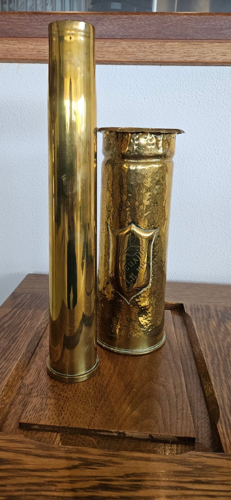 messing mortierhulzen met schildmotief evacuatie 1944, Antiek en Kunst, Ophalen
