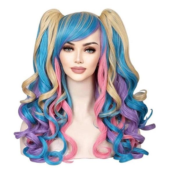 Multi-color pruik lang haar met krullen + 2 staarten op klem, Verzenden, Nieuw, Pruik of Haarverlenging