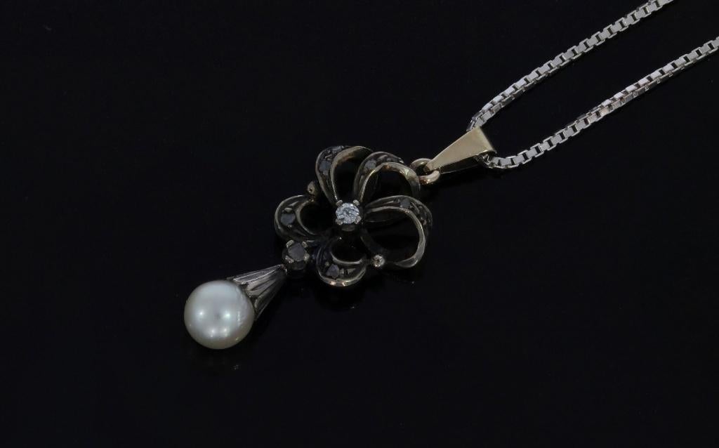Diamanten parel antieke 14k gouden ketting hanger zilver, Verzenden, Goud, Hanger, Met edelsteen