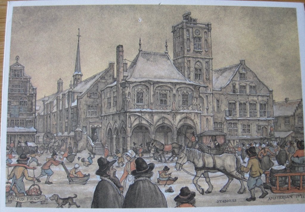 Anton Pieck - Stadhuis Amsterdam 17e eeuw, Verzamelen, Ansichtkaarten | Themakaarten, Verzenden, 1980 tot heden, Gelopen, Stad of Dorp