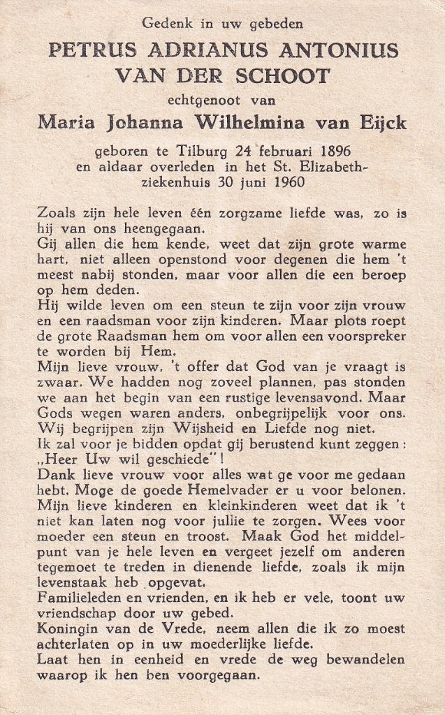 Schoot Petrus 1896 Tilburg 1960, Ophalen of Verzenden, Bidprentje