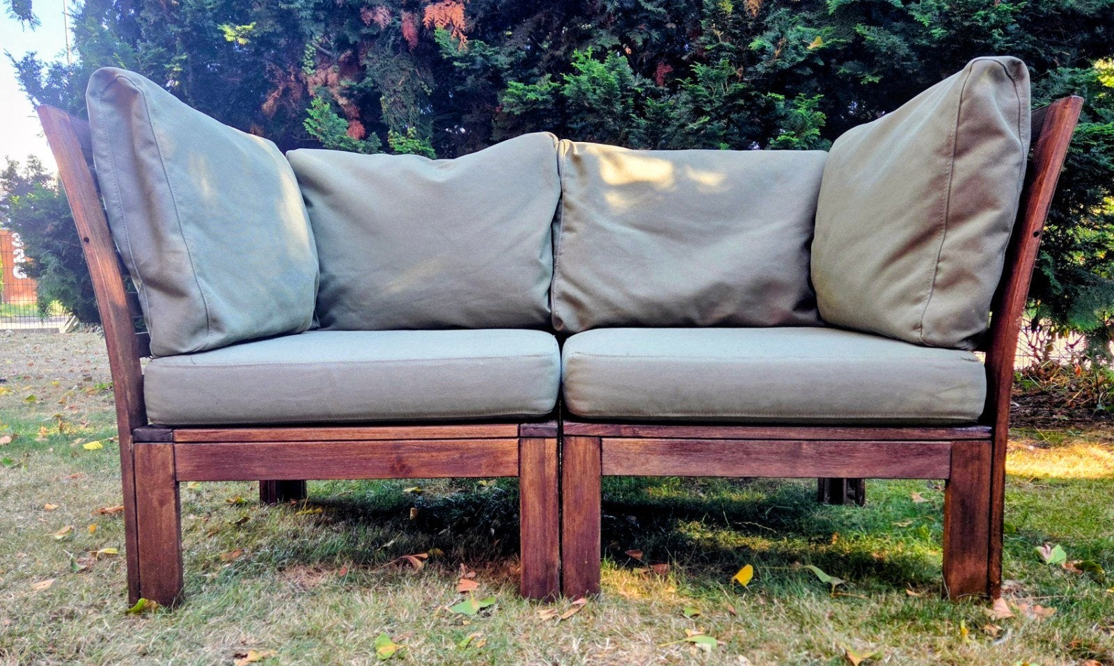 Houten loungeset met kussens - 2-zits, 2 zitplaatsen, Gebruikt, Ophalen of Verzenden, Loungeset