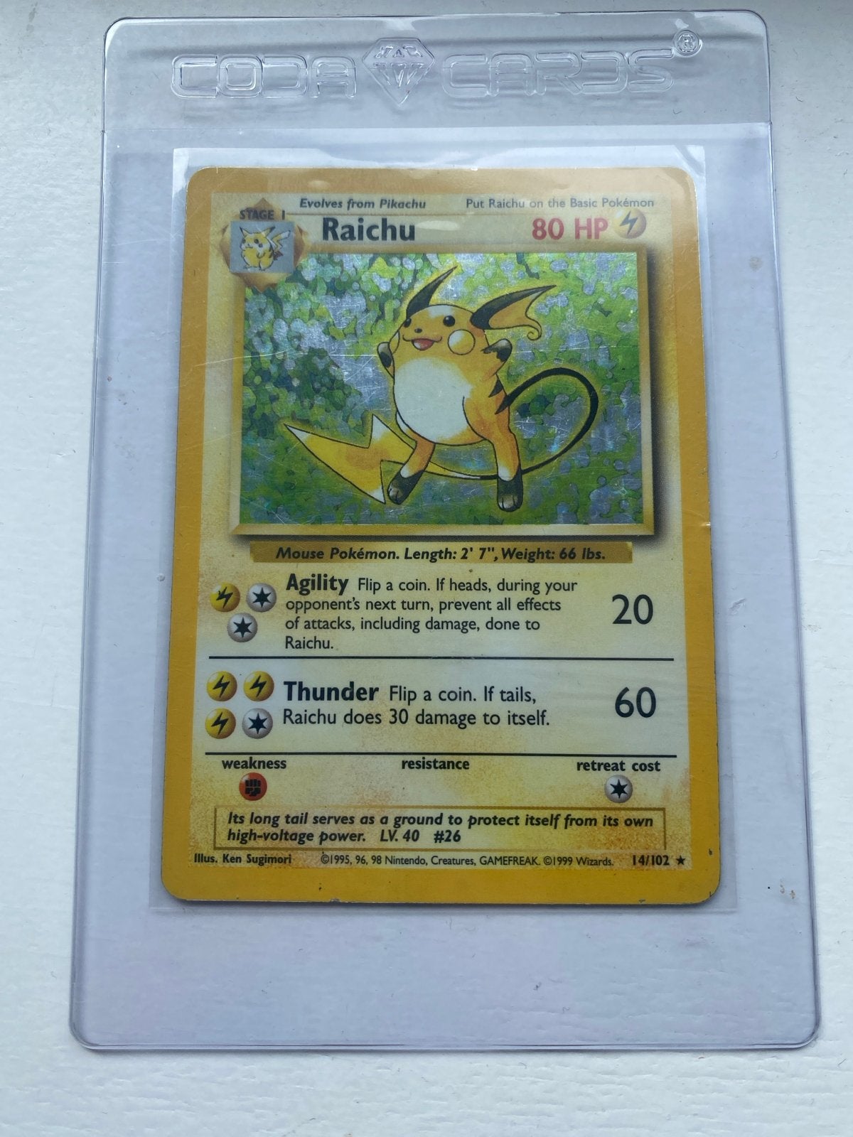 Pokémon Raichu 14/102 Base Set Holo Rare Kaart, Hobby en Vrije tijd, Verzamelkaartspellen | Pokémon, Ophalen of Verzenden, Gebruikt