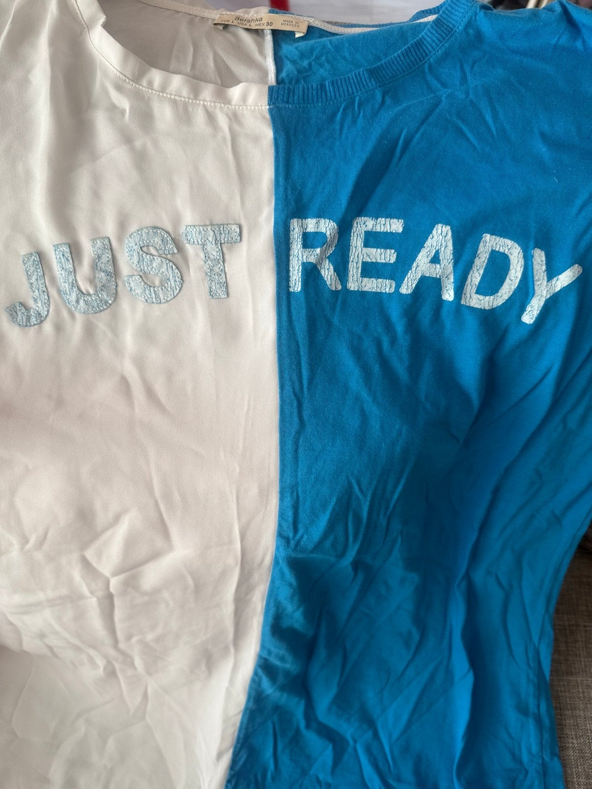 Bershka T-shirt L: Wit zijde-achtig & Blauw katoen 'Just Rea, Ophalen, Meerkleurig, Maat 42/44 (L), Korte mouw