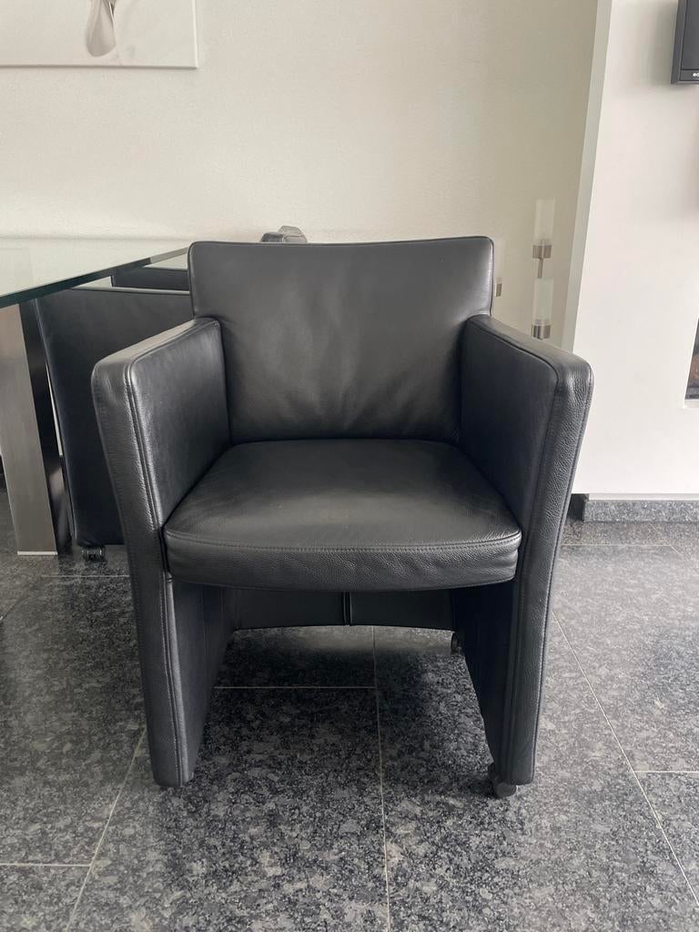 4 Zwarte Leren Eetkamerstoelen met Wieltjes, Huis en Inrichting, Stoelen, Ophalen, Gebruikt, Zwart, Leer