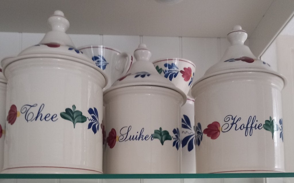 boerenbont voorraadpot met puntdeksel,fruitbokaal,cakeschaal, Huis en Inrichting, Keuken | Servies, Overige typen, Ophalen of Verzenden