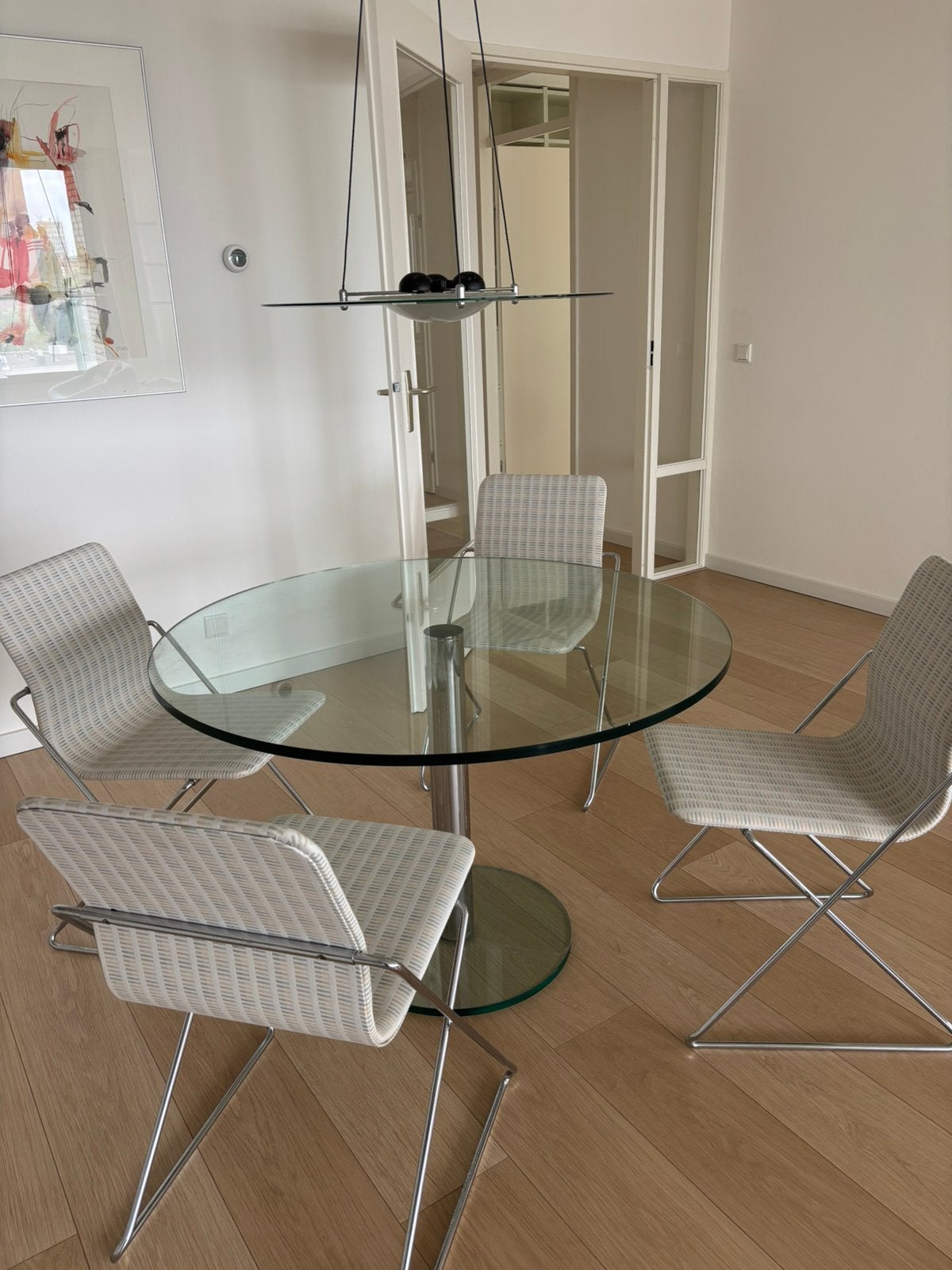 Modern Glass Dining Table Set | 4 Chairs + Lamp, Ophalen, 100 tot 150 cm, Rond, 50 tot 100 cm