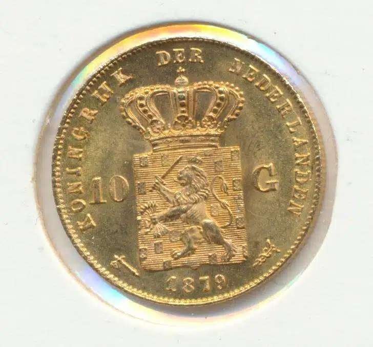Nederland gouden tientje 1879 Willem 3, Ophalen of Verzenden, Goud