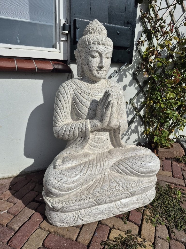 Zittend Boeddha beeld van wit terrazzo, 100 cm hoog, Ophalen, Steen/keramiek, 100 cm, Wit