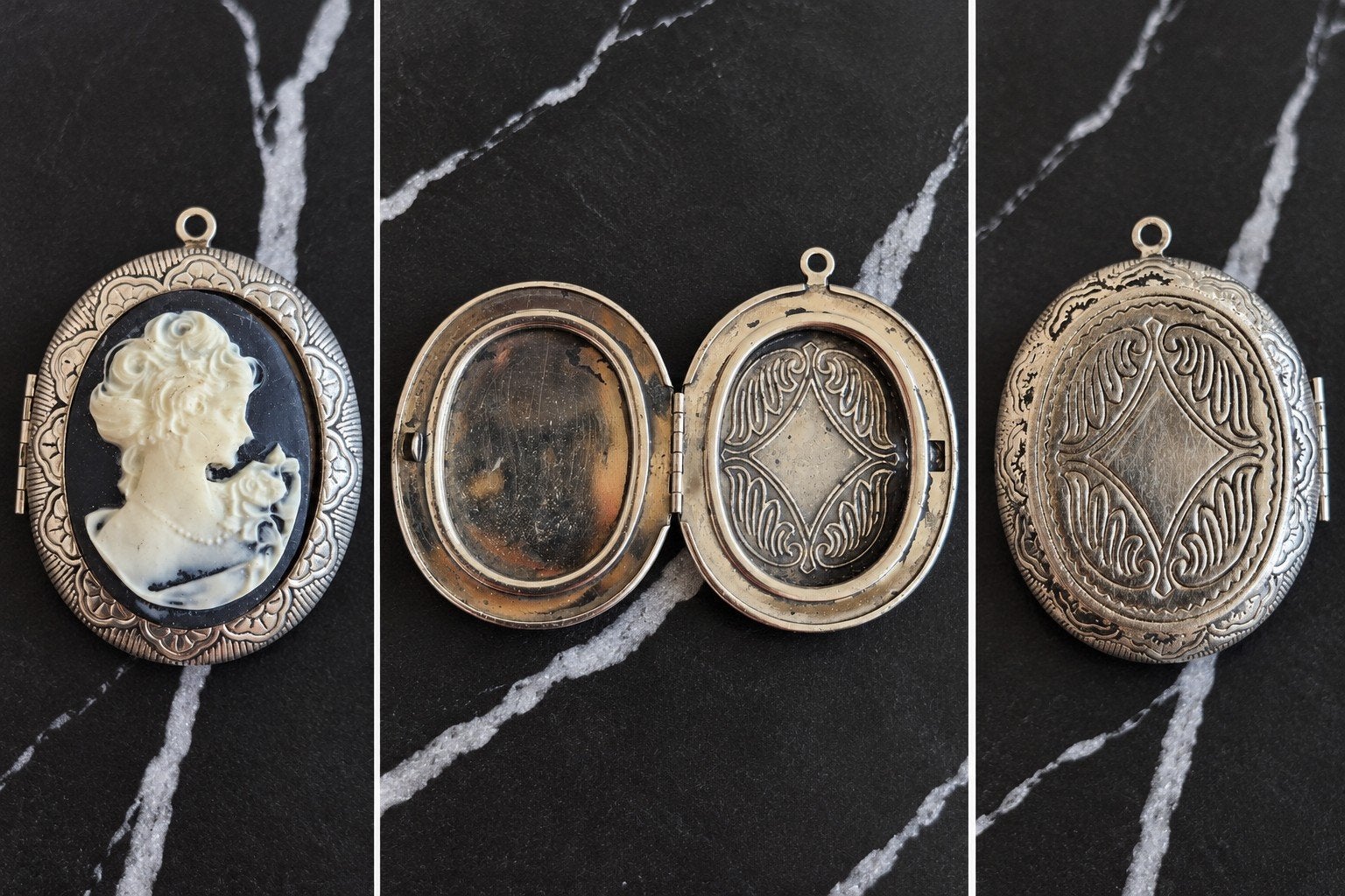 Vintage medaillon met camee – sierlijk zilverkleurig, Ophalen of Verzenden, Gebruikt, Zilver, Overige materialen