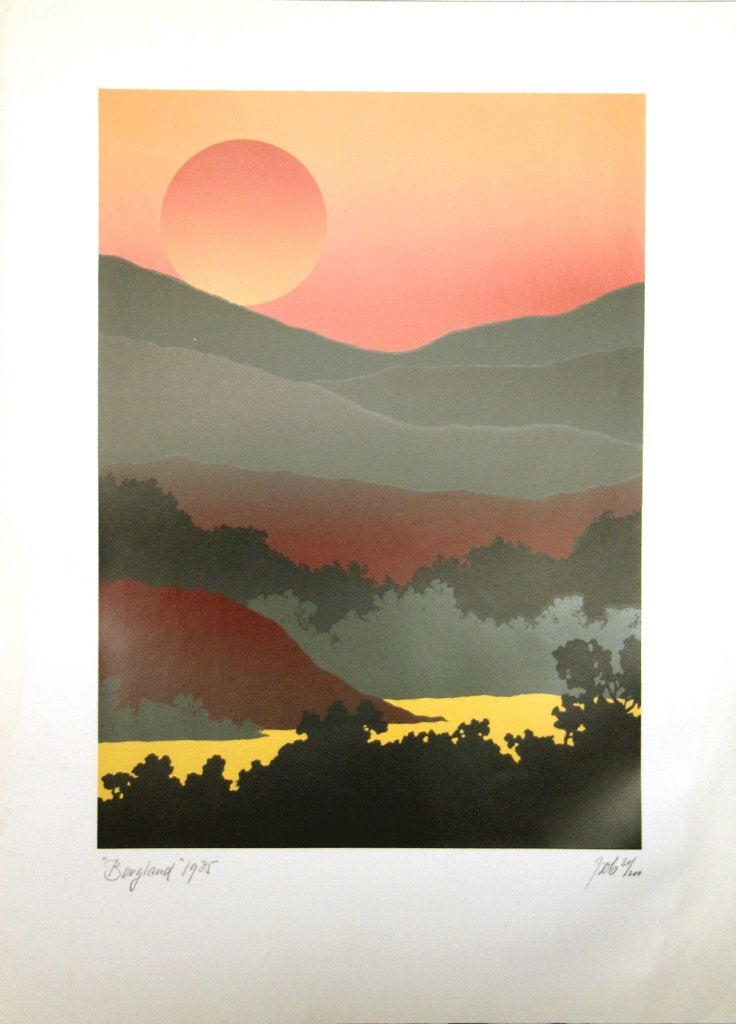 " Bergland  " zeefdruk van Rob Aerdts € 20, Antiek en Kunst, Ophalen of Verzenden, Zeefdruk