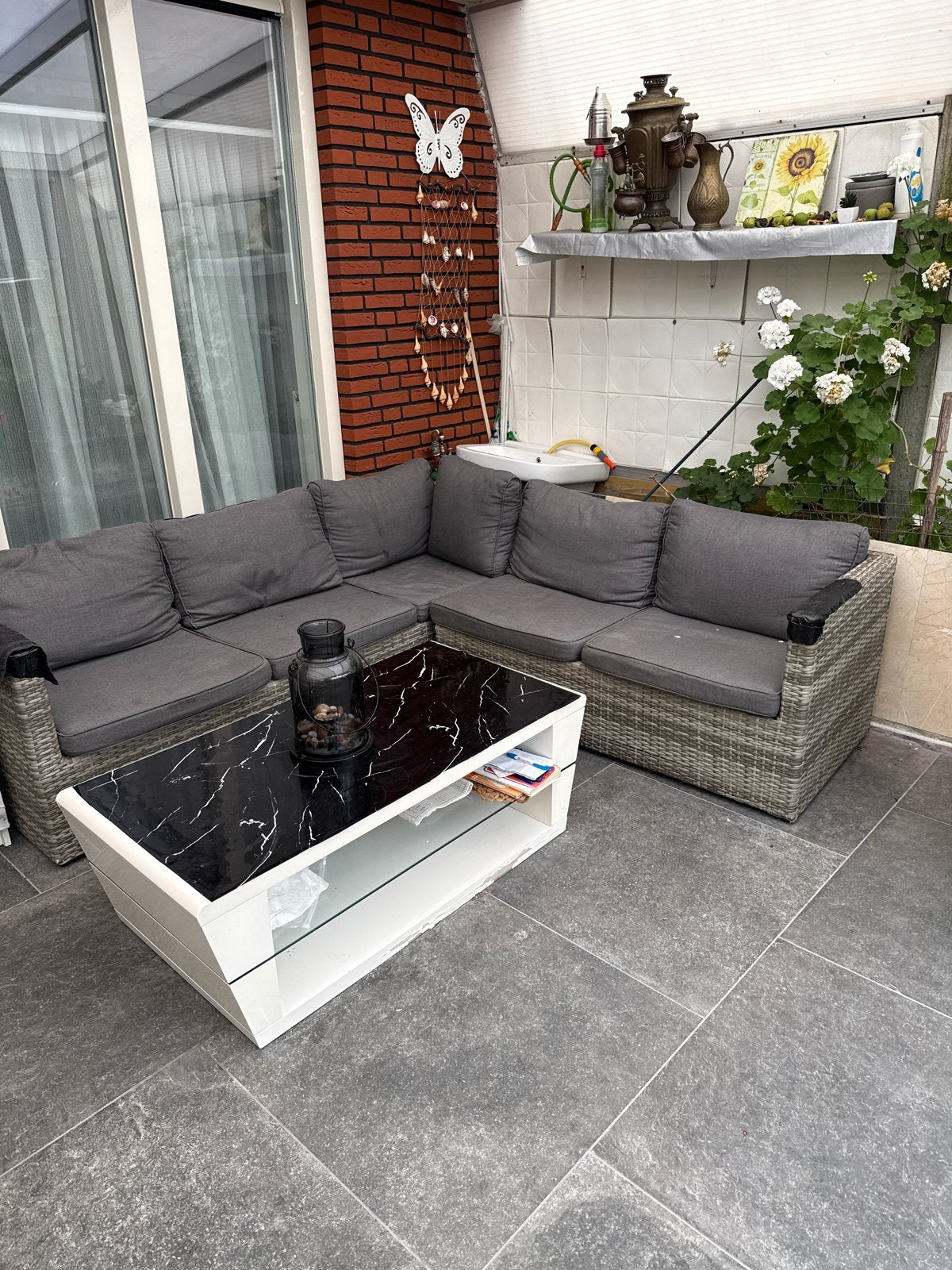 Comfortabele Wicker Loungeset met Salontafel, 5 zitplaatsen, Kunststof, Ophalen of Verzenden, Zo goed als nieuw