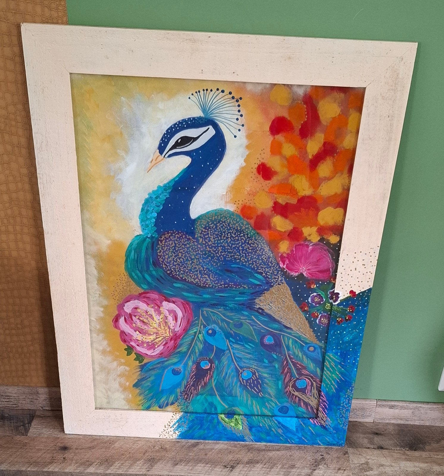 Schilderij "Zo Trots Als Een Pauw" - 63x82cm, Ophalen of Verzenden, Overige materialen, Ingelijst, Dieren
