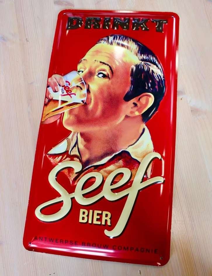 Prachtig Belgisch reclamebord "Drinkt Seef Bier", Verzamelen, Merken en Reclamevoorwerpen, Ophalen of Verzenden, Zo goed als nieuw