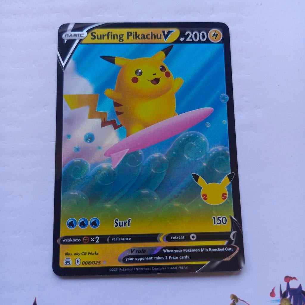 Surfing Pikachu V Pokémon Kaart Celebrations 008/025, Ophalen of Verzenden, Zo goed als nieuw, Losse kaart